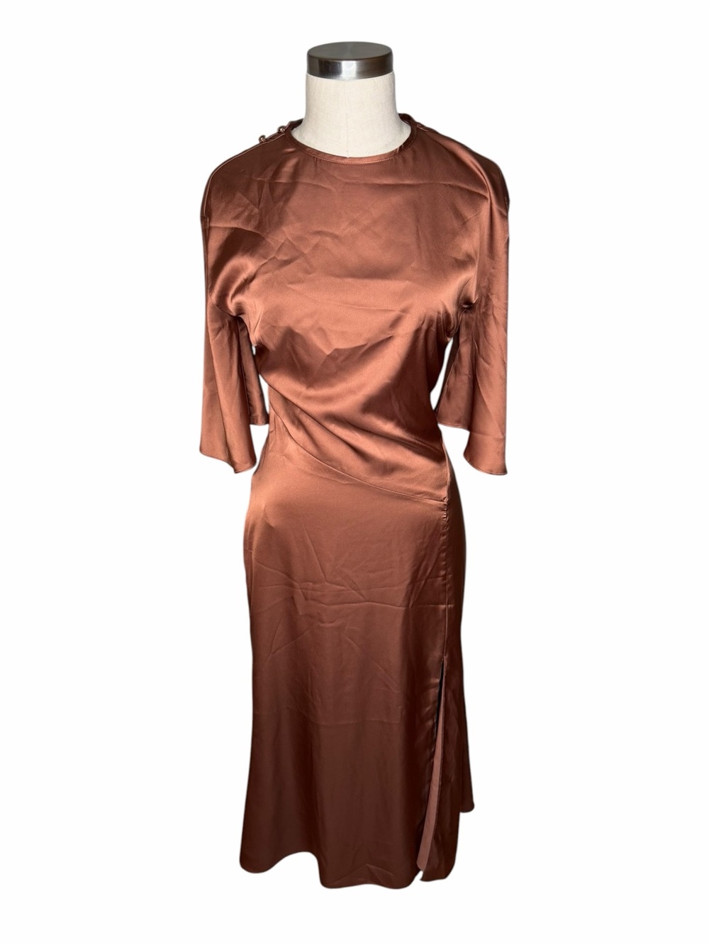 BHLDN Copper Satin Midi Dress Open Back Women's Size Small NWT Side Slit - Picture 2 of 11